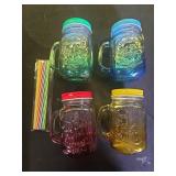 eispap 16 oz Glass Mason Jars with Handles Set Of 4 Colored gradient Embossed and Metal Lids and Hard Plastic Straws Drinking Glasses Cups Mug Set for Iced Coffee, Tea
