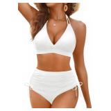 Women High Waisted Bikini Set - Two Piece Swimsuit Tummy Control Bathing Suit Halter Push Up 2025 Swimwear White M - Retail: $30