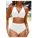 Women High Waisted Bikini Set - Two Piece Swimsuit Tummy Control Bathing Suit Halter Push Up 2025 Swimwear White M - Retail: $30
