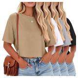 Riyiper 4 Pack Womenfts Half Sleeve Crop Tops Women Boxy Casual Crew Neck T-Shirts Loose Fit Tops Plain Summer Workout Tees(L,Black, Khaki, Light Gray, White) - Retail: $78