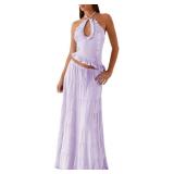 Yiulangde Y2k Ruffle Long Skirt Sets for Women 2 Piece Outfits Purple Two Piece Ruched Backless Cami Top Matching Boho Tiered Maxi Skirt Set Small - Retail: $33