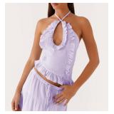 Yiulangde Y2k Ruffle Long Skirt Sets for Women 2 Piece Outfits Purple Two Piece Ruched Backless Cami Top Matching Boho Tiered Maxi Skirt Set Small - Retail: $33