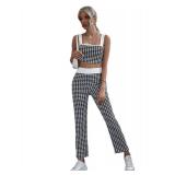 Milumia Womenfts Two Piece Outfit Houndstooth Plaid Crop Tank Top and Pants Set A Black and White X-Small