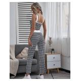 Milumia Womenfts Two Piece Outfit Houndstooth Plaid Crop Tank Top and Pants Set A Black and White X-Small