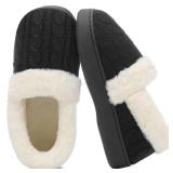UBFEN Womens Fuzzy House Slippers Warm Bedroom Shoes with Faux Fur Lining Non Slip Memory Foam Slippers for ladies Indoor and Outdoor Size US 9-10 Black - Retail: $20