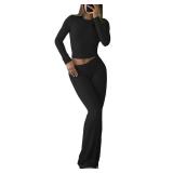 Womenfts 2 Piece Casual Outfits Pajama Slim Fit Long Sleeve Top Fold-Over Bell Bottoms Cotton Jersey Set Black Small - Retail: $19