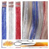 CelineBella Blue Silver Red Clip In Hair Tinsel,Fairy Hair Strands,Easy to Use,Very Cute for Girls Christmas New Year Cosplay Party Halloween - Retail: $8
