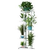 LINZINAR Plant Stand Metal 5 Tier 6 Potted Multiple Flower Pot Holder Shelf Indoor Outdoor Planter Display Shelving Unit for Patio Garden Corner Balcony Living Room (5 Tier 6 Potted, White) - Retail: 
