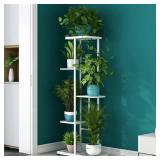 LINZINAR Plant Stand Metal 5 Tier 6 Potted Multiple Flower Pot Holder Shelf Indoor Outdoor Planter Display Shelving Unit for Patio Garden Corner Balcony Living Room (5 Tier 6 Potted, White) - Retail: 