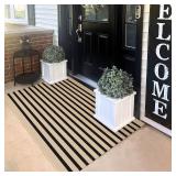 KILOCOCO Striped Rug 3ftx5ft Front Door Rug Woven Cotton Washable Stripe Layered Doormats Indoor Outdoor Door Mat for Front PorchKitchenFarmhouseEntrywayPatio, Brown - Retail: $30