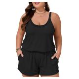 Summer Mae Plus Size Swim Romper Women One Piece Swimsuit Blouson Bathing Suit with Pockets 2025 Modest Swimwear Black 20 Plus - Retail: $45
