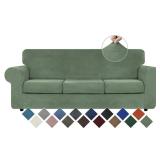 WEERRW 4 Pieces Velvet High Stretch Couch Covers for 3 Cushion Couch Sofa Slipcovers, Washable Furniture Protector with Non Slip Elastic Bottom, Feature Soft Plush Fabric, Greyish Green, Large - Retai