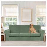 WEERRW 4 Pieces Velvet High Stretch Couch Covers for 3 Cushion Couch Sofa Slipcovers, Washable Furniture Protector with Non Slip Elastic Bottom, Feature Soft Plush Fabric, Greyish Green, Large - Retai