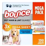 Bounce Pet Hair and Lint Guard Mega Dryer Sheets with 3X Pet Hair Fighters, Unscented, 130 Count HAS BEEN OPENED  - Retail: $10