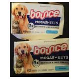 Bounce Pet Hair and Lint Guard Mega Dryer Sheets with 3X Pet Hair Fighters, Unscented, 130 Count HAS BEEN OPENED  - Retail: $10