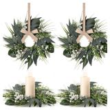 4 PCS Spring Wreaths for Front Door Green Wreath with White Flower Artificial Green Wreath with Ribbon for Pillar Front Door Porch Wall Window Farmhouse Decoration All Seasons - Retail: $17