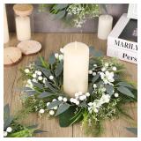 4 PCS Spring Wreaths for Front Door Green Wreath with White Flower Artificial Green Wreath with Ribbon for Pillar Front Door Porch Wall Window Farmhouse Decoration All Seasons - Retail: $17