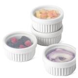 LE TAUCI Ramekins with Silicone Lids, 8 OZ Ceramic Soufflé Dishes, Ramekin Bowls for Crème Brûlée, Dessert, Dips, Oven and Microwave Safe, Set of 4, White - Retail: $20