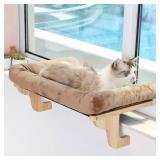 Zakkart Cat Perch for Window Sill with Bolster - Orthopedic Hammock Design with Premium Hardwood and Robust Metal Frame - Cat Window Seat for Large Cats and Kittens - Natural Color Wood with Brown Bed