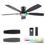 FUMLTP 54inch Ceiling fans with Lights, Low Profile RGB Ceiling fan with Light and RemoteApp Control, Dimmable, DC Reversible Motor, Noiseless, 6 Speeds, Black Ceiling Fan For Bedroom Indoor Outdoor -