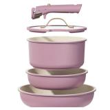 CAROTE 5pcs Pots and Pans Set, Nonstick Cookware Set Detachable Handle, Induction Kitchen Cookware Sets Non Stick with Removable Handle, RV Cookware Set, Gold and Purple - Retail: $130