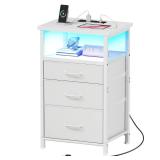 YeTom Nightstand with Charging Station, LED Night Stand with Drawers (Fabric), Bedside Table with Open Shelf, End Table with Steel Frame, 3 Drawer Dresser for Bedroom, Small Space, White Nightstand - 
