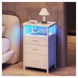 YeTom Nightstand with Charging Station, LED Night Stand with Drawers (Fabric), Bedside Table with Open Shelf, End Table with Steel Frame, 3 Drawer Dresser for Bedroom, Small Space, White Nightstand - 