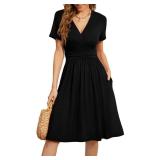 WEACZZY Summer Dress for Women Casual Short Sleeve Black Dresses Wrap V-Neck Party Dress with Pockets,Black,XL - Retail: $29