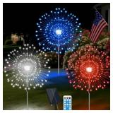 4th of July Decorations Solar Firework Lights, 3 Pcs 180 Led 8 Modes Red White Blue Solar Garden Lights Outdoor Waterproof, Timer Remote Patriotic Light for Independence Day Memorial Day Patio Yard - 