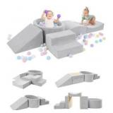 Foam Climbing Blocks with Ball Pit Designed for Toddlers Aged 1-3 -Great for Indoor Crawling, Inside Foam Playground Set for Little Ones to Active Playing -(Balls NOT Included) Grey