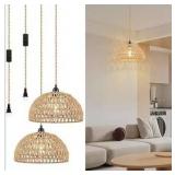 Plug in Pendant Light 2 Pack Boho Hanging Lights with Cord Rattan Pendant Light Fixture On/Off Switch Plug in Ceiling Lamp for Living Dinning Room Bedroom Kitchen Island