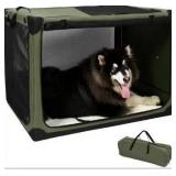 Pettycare Portable Travel Dog Crate 4-Door Soft Sided 42 Inch Collapsible Dog Crate with Curtains Durable Mesh Foldable Pet Kennel Soft Crates for Large Dogs Indoor & Outdoor Olive Green