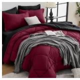 HEVUMYI Red & Black King Comforter Set - 7-Piece All Season Bed in a Bag King, Ultra Soft Burgundy Bedding Set with Comforter, Flat Sheet, Fitted Sheet, Pillowcases, Pillow Shams, Burgundy Red & Black