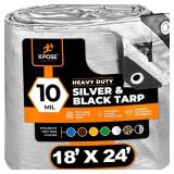 Heavy Duty Poly Tarp - 18  x 24  - 10 Mil Thick Waterproof  UV Blocking Protective Cover - Reversible Silver and Black - Laminated Coating - Rustproof Grommets - by Xpose Safety