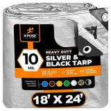 Heavy Duty Poly Tarp - 18  x 24  - 10 Mil Thick Waterproof  UV Blocking Protective Cover - Reversible Silver and Black - Laminated Coating - Rustproof Grommets - by Xpose Safety