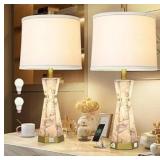Natural Alabaster Table Lamp,Living Room Lamps Set of 2,Nightstand Lamp with Night Light,Lamps for Living Room With Linen Fabric Shade,Bedside Lamp with Usb A+C Ports for Bedroom,Hotel(Bulb Included)