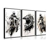 ZUGHRERF Motorbike Trendy Wall Art Black and White Motorcycle Canvas Poster Prints Artwork Cool Racer Sports Pictures Motocross Rider Graffiti Helmet Painting for Boys Teen Man Cave Home Decor 16x24in