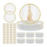 Tioncy 50 Set Clear Charger Plates Bulk Includes 50 Clear Beaded Charger Plates 13\" and 50 Napkin Rings Plastic Dinner Table Decorative for Wedding, Party, Tabletop Decoration(Beaded Ring,Gold)