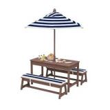 Qaba Kids Picnic Table, Outdoor Wooden Table & Bench Set with Cushions and Umbrella, Children Backyard Furniture for Patio, Garden