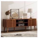 TV Stand for Living Room, Mid Century Modern Entertainment Center for 55/60/65 inch TVs, TV Console with Fluted Door Cabinets and Open Shelves, for Bedroom, Walnut