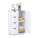 Tangkula Bathroom Floor Cabinet, Freestanding Storage Organizer with 4 Drawers & Single Door, Adjustable Shelf, Multipurpose Bathroom Cabinet for Home Office, 22 x 12 x 32 Inch (White)