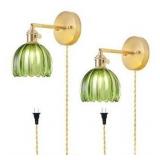Plug in Wall Sconces Set of 2, Vintage Wall Sconce Light with Tulip Green Glass Lampshade, 180° Adjustable Wall Sconce with Switch and Plug in wall lamp Cord, Gold Wall Light Wall Decor Set of 2