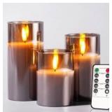 Glass Battery Operated LED Flameless Candles with Timer, Real Wax Candles Warm Color Flickering Light for Festival Wedding Home Party Decor(Pack of 3)-Grey