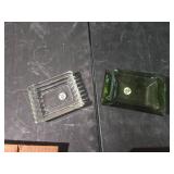 Cut Glass Ashtray Set with Green Glass Holder