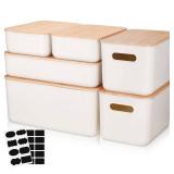 FACTORY SEALED - Suzile 6 Packs Plastic Storage Bins with Bamboo Lids Christmas Stackable Storage Containers for Xmas Decoration Ornaments Document Paper Organizing, with Labels and Marker(Medium Larg