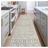APPEARS NEW - KUTA 3x10 Beige Boho Hallway Runner Rug, Moroccan Washable Kitchen Rugs Non Slip, Ultra Soft Print Distressed Geometric Entry Runner Low-Pile Throw Carpet for Bedroom Nursery Dorm Decor