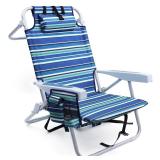 Yestomo Beach Chairs for Adults Heavy Duty, Compact Portable Lay Flat Folding Chair with Backpack Straps and Large Cooler Pouch, Support to 350LBS (Stripes_Blue&Cyan)