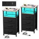 APPEARS NEW - LAKEMID Night Stand Set 2 with Charging Station, End Table Set of 2 with 20 Colors LED Light Strip, 3 Fabric Drawers, Bedside Table with USB Ports and Outlets for Bedroom (Light Ivory)  