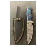 Handcrafted Damascus Steel Knife with sheath approx 9.5 inches