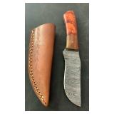 Handcrafted Damascus Steel Knife full tang with Custom Leather Sheath approx 8 inches